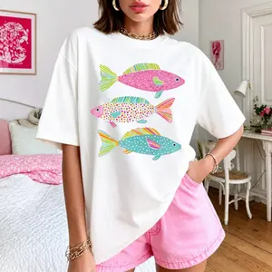 Boho Colorful Fish Stack Print Oversized Tee Summer Soft Cotton Casual Top