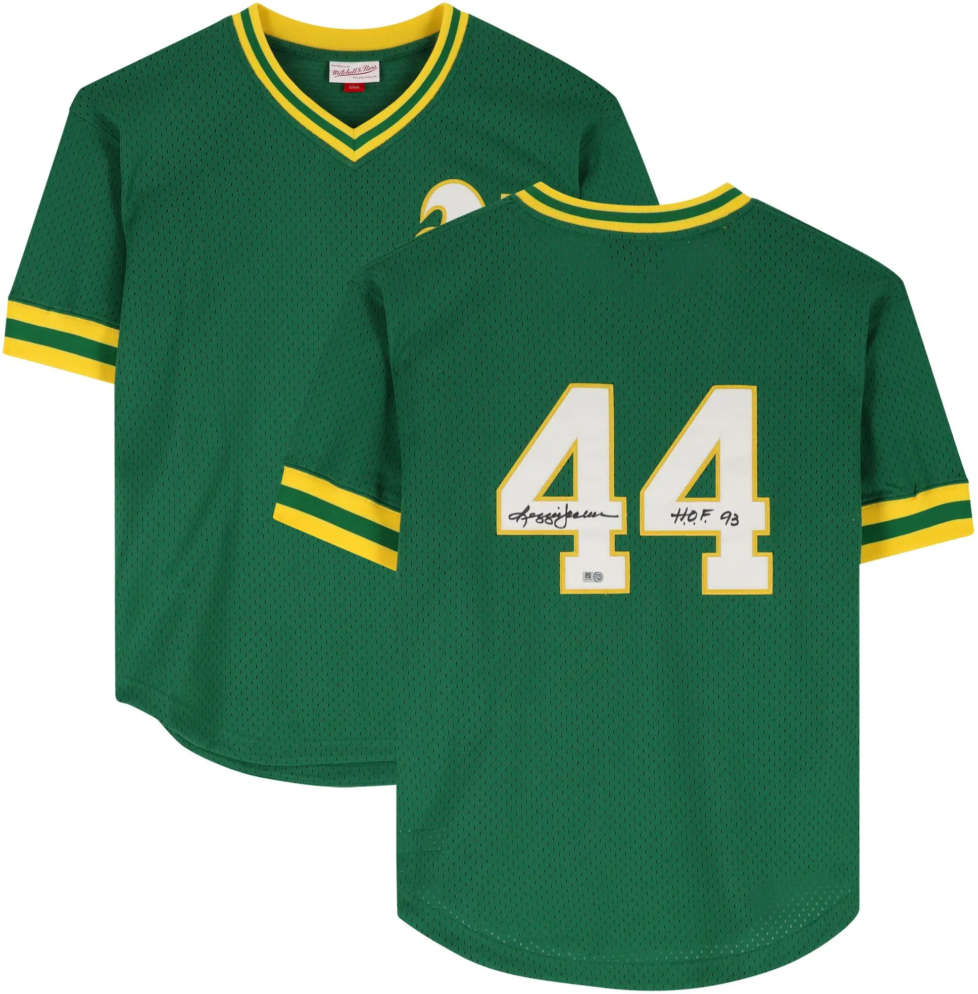 Reggie Jackson Oakland Athletics Autographed Green Mitchell & Ness Replica Batting Practice Jersey with "HOF 93" Inscription - Fanatics Authentic Certified