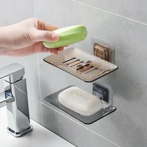 Transparent Draining Soap Dish Set, No-Drill Soap Holder with Adhesive Wall Mount, Suitable for Bathroom and Kitchen