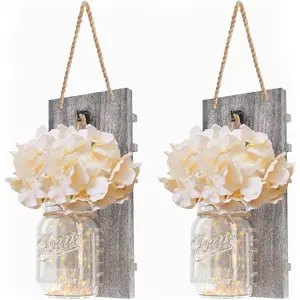 Anount Mason Jar Sconces,Besuerte Rustic Wall Decor Set of Two,LED String Lights for Modern Living Room, Home Decor Living Room Wall Art, 6 Hour Timer Set of 2 Grey (11" H x 4.3" W)