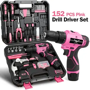 Pink Heavy Duty 152PCS Home Tool Kit with 12V Lithium Cordless Drill, Complete Household Repair Tools Set with Organizer Tool Box