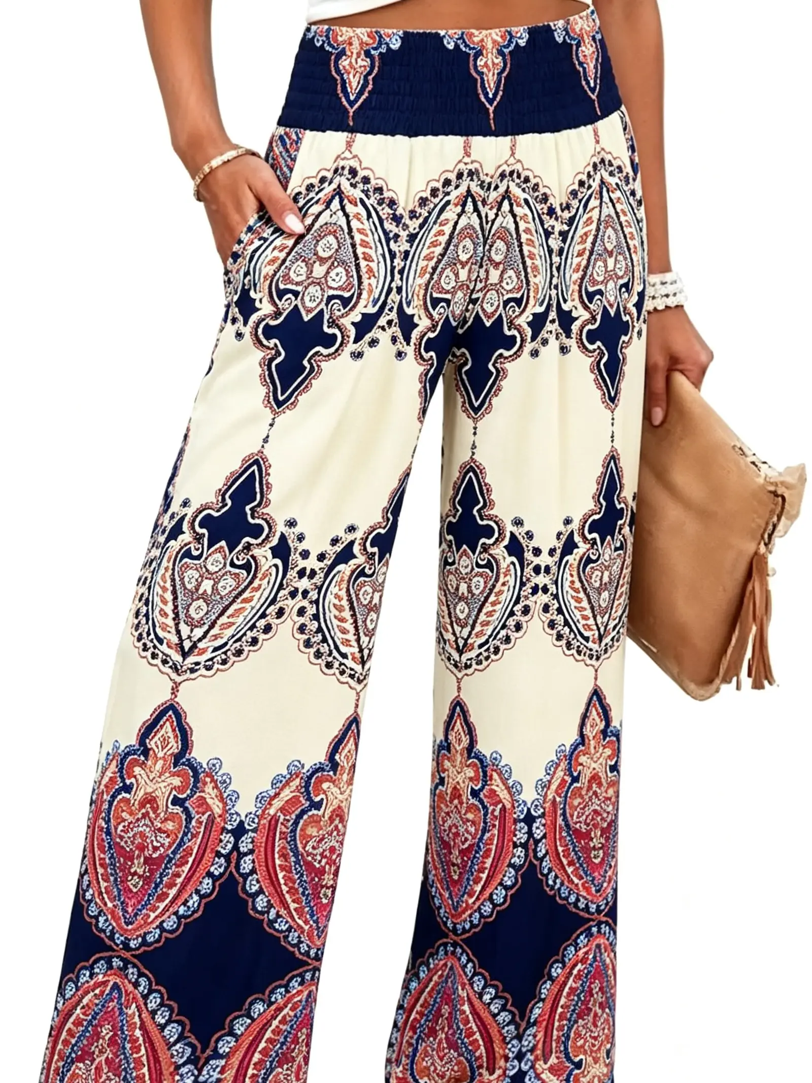 Women's Boho Paisley Print Wide Leg Palazzo Pants, Elastic High Smocked Waist Loose Flowy Trousers, Casual Vacation Beach Lounge Pants
