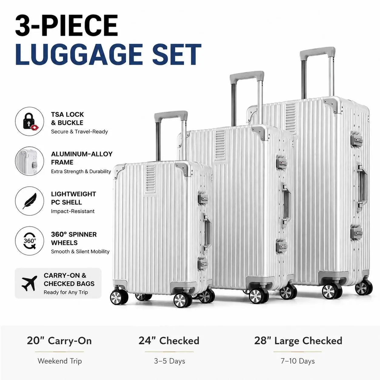 3-Piece Stylish Rugged Hardshell Luggage Set (20/24/28in) - Aluminum-Alloy Frame, PC/PVC Shell, Zipperless Design, USB Port, Cup Holder, TSA Lock, Spinner Wheels, Lightweight, Durable Hardware, Carry On Bags, Travel Stuff, Checked Suitcase