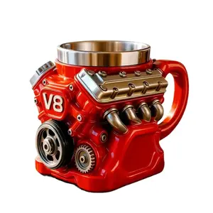 V8 Engine Stainless Steel Coffee Cup, 3D Mechanical Design Dual Layer Insulated Mug with Handle, Vintage Car Gift for Car Enthusiasts