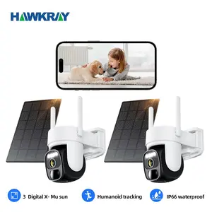 Hawkray Solar Outdoor Wireless Surveillance Camera, 2K 360° Panoramic Tilt Low-Power WiFi Surveillance Camera, CCTV WiFi Cam,  Motion detection PTZ, Color night vision, Two-way audio, Wireless Security camera Easy Installation Waterproof(2-pack)