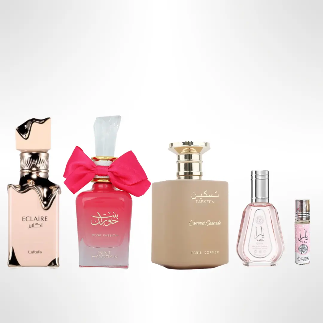Lattafa Luxury-Inspired Gender-Neutral Fruit-Flavored Fragrance Set - 50ML YARA Perfume, YARA Roll-On, BINT HOORAN Floral Rose Passion EDP, TASKEEN Caramel, ECLAIR Long-Lasting Scent Gift Multi-Pack, Set Fragrance Sets, Fruit-Flavored Fragrance Sets