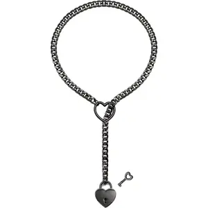 Womens Slip Chain Necklace Heart O-Ring, Punk Rock Cuban Long Necklace  For Women, Adjustable Lariat Y-Necklace Heart Locker With Key