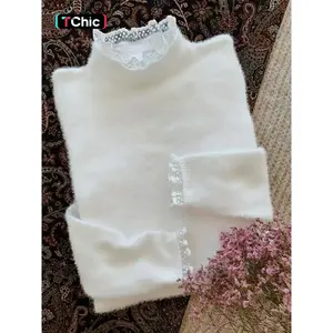 Women’s plain slim sweater with contrast lace and a stand collar; casual medium-length sleeve jumper for spring and autumn; chic women’s knitwear for everyday wear