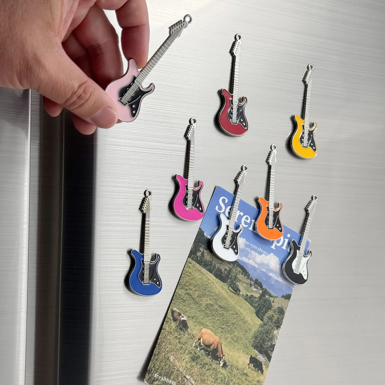 8 Guitar Higher End Fridge Magnets, Metal Instrument Refrigerator Magnets Set, Personalized Home Decor for Kitchen, Office Whiteboard, Dishwasher, Cabinet, Refrigerator Decorating Magnet Magnetic Item