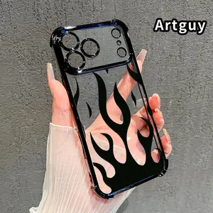 Black Flame Pattern Phone Case for iPhone 17 Pro Max 16 15 Plus Air 14 13 12 11 E Electroplated Four-Corner Anti-Fall Protection Cellphone Cover