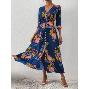 Women's Boho Floral Tied Button Front Split Long Maxi Dress, Spring Summer Beach Vacation Half Sleeve V Neck A-Line Dresses, Summer Outfits 2024