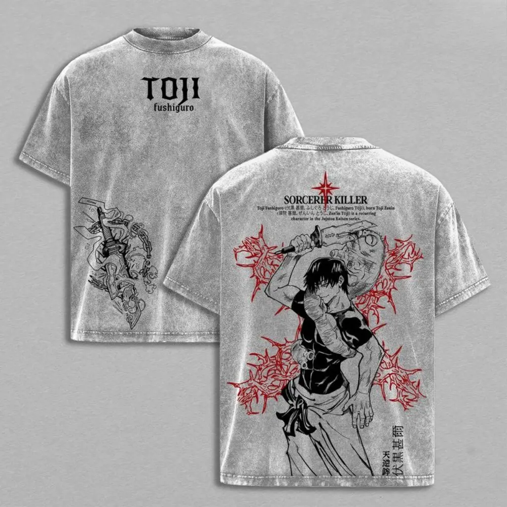 Toji Fushiguro Menswear Tshirt - Jujutsu Kaisen Shibuya Incident x Culling Game Prelude Vintage Oversized Heavy Cotton Double-Printed Front & Back Anime Manga Top, Retro Unisex Streetwear Battle Scene JJK Sorcerer Killer Graphic, Casual Everyday Wear