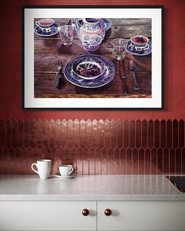 The Table Is Set Watercolor Painting - Framed Artwork Featuring a Wooden Table with Blue and White Dishes and Utensils