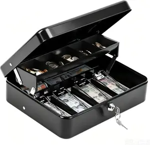 Cash Box with Key Lock–0.7mm Thick Metal Money Box for Flea Market Vendors, Craft Fairs & Small Business–Portable Cash Drawer with Auto-Pop Coin Tray & Windproof Bill Clips (11.8", Black)