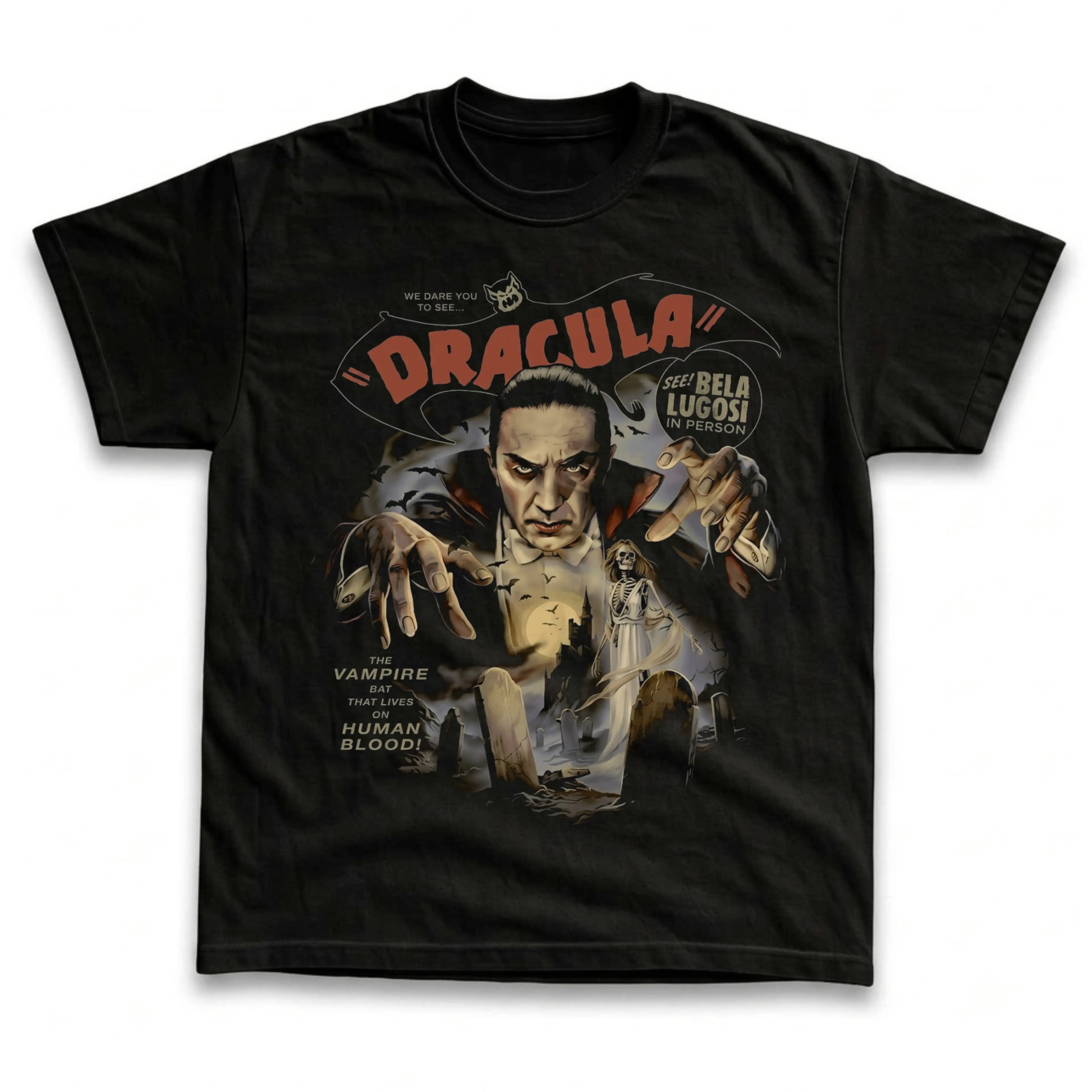 Gildan Men's and Women's T-Shirt, Vintage Dracula Graphic Tee, Bela Lugosi Universal Monsters Vampire Horror Movie Shirt, Classic Film Fan Gift, Gothic Aesthetic Retro Grunge Streetwear, Spooky Halloween Outfit, Premium Cotton, Menswear