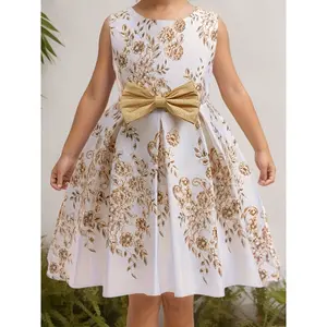 Girls' Dresses, Toddler Print Golden Bow Vest Skirt, Medium And Large Wedding Party Dress Knee-Length Skirt, Middle Eastern Ramadan Skirt