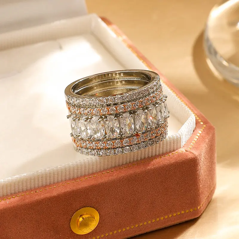 Women's 1PCS Multi-Band Cubic Zirconia CZ Jewelry Rings Set - Geometric Cut Luxury Stacked Design, High-Quality Silver Evening Wear Gift