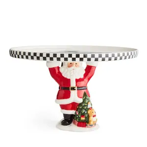 Spode Figural Santa Cake Plate - 11" Dolomite Dessert Stand with Black & White Checkered Border & Christmas Tree Motif - Festive Holiday Serveware