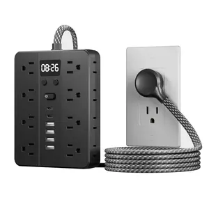 Multi-functional Power Strip with Overload Protection, 5-Foott 16 AC Outlets & 4 USB & 2 Type-C, Digital Clock Outlet Adapter for Office, Home and Travel