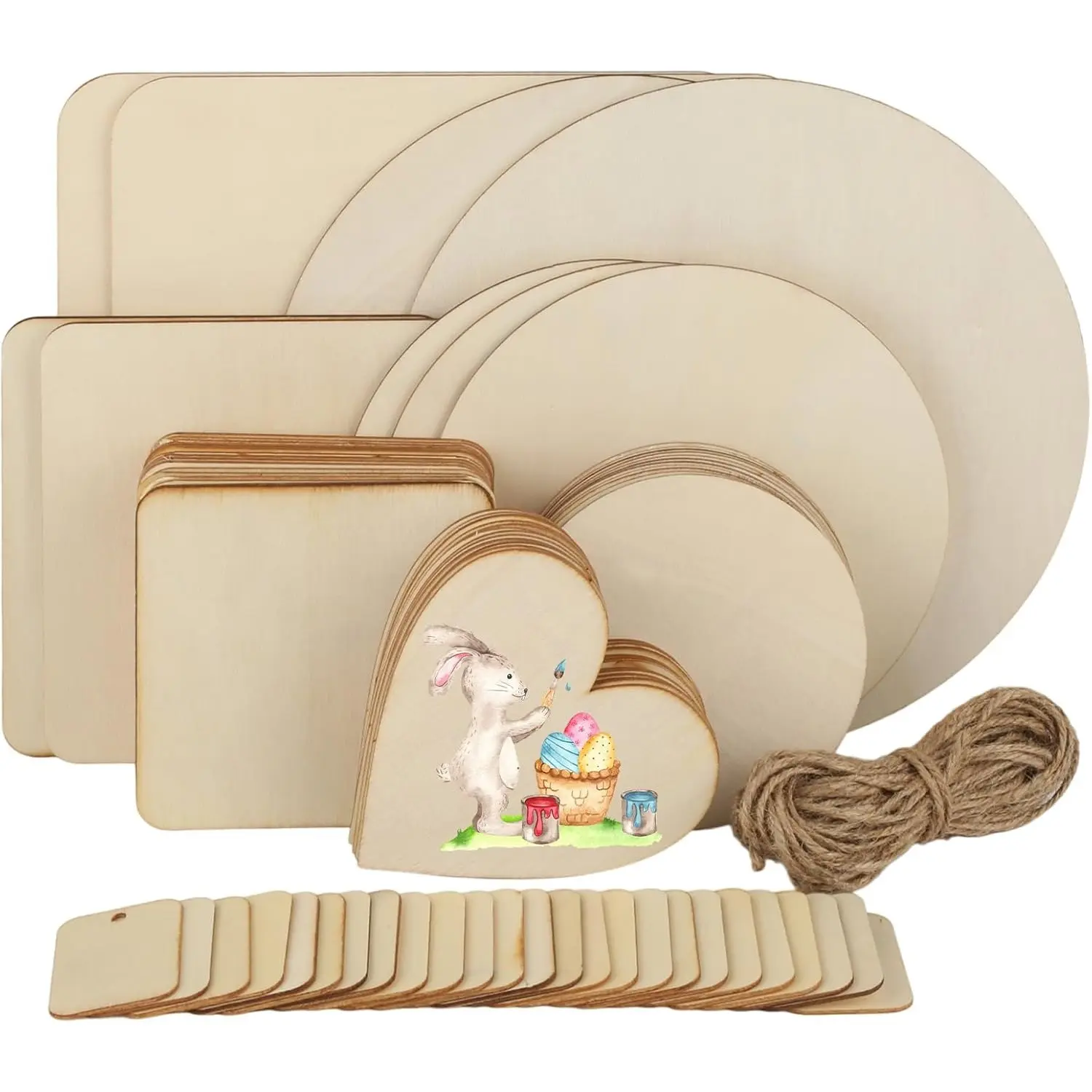 65-Piece Unfinished Untreated Wooden Board Set with Twine - Round, Square, Heart-Shaped Slices, Durable Bunny Accent for DIY Crafts, Christmas Decor, Handmade Gifts