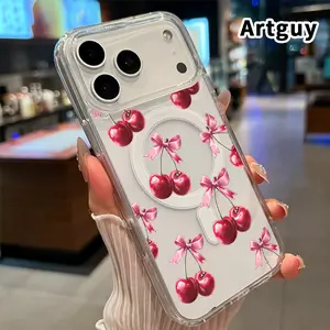 Red Cherry Bow Pattern Magnetic Phone Case for iPhone 17 16  Pro Max Plus 15 14 13 12 11 Air E Non-Yellowing Clear Crystal Drop-proof Slim Silicone Shockproof Transparent Acrylic Large Hole Cover Supports Wireless Charging