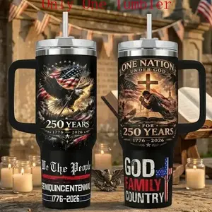 USA 250th Anniversary 40oz Sturdy Portable Insulated Stainless Vacuum Flask Tumbler with Handle, Patriotic Eagle American Flag Travel Mug, God Family Country Birthday Gift Ideas for Patriots