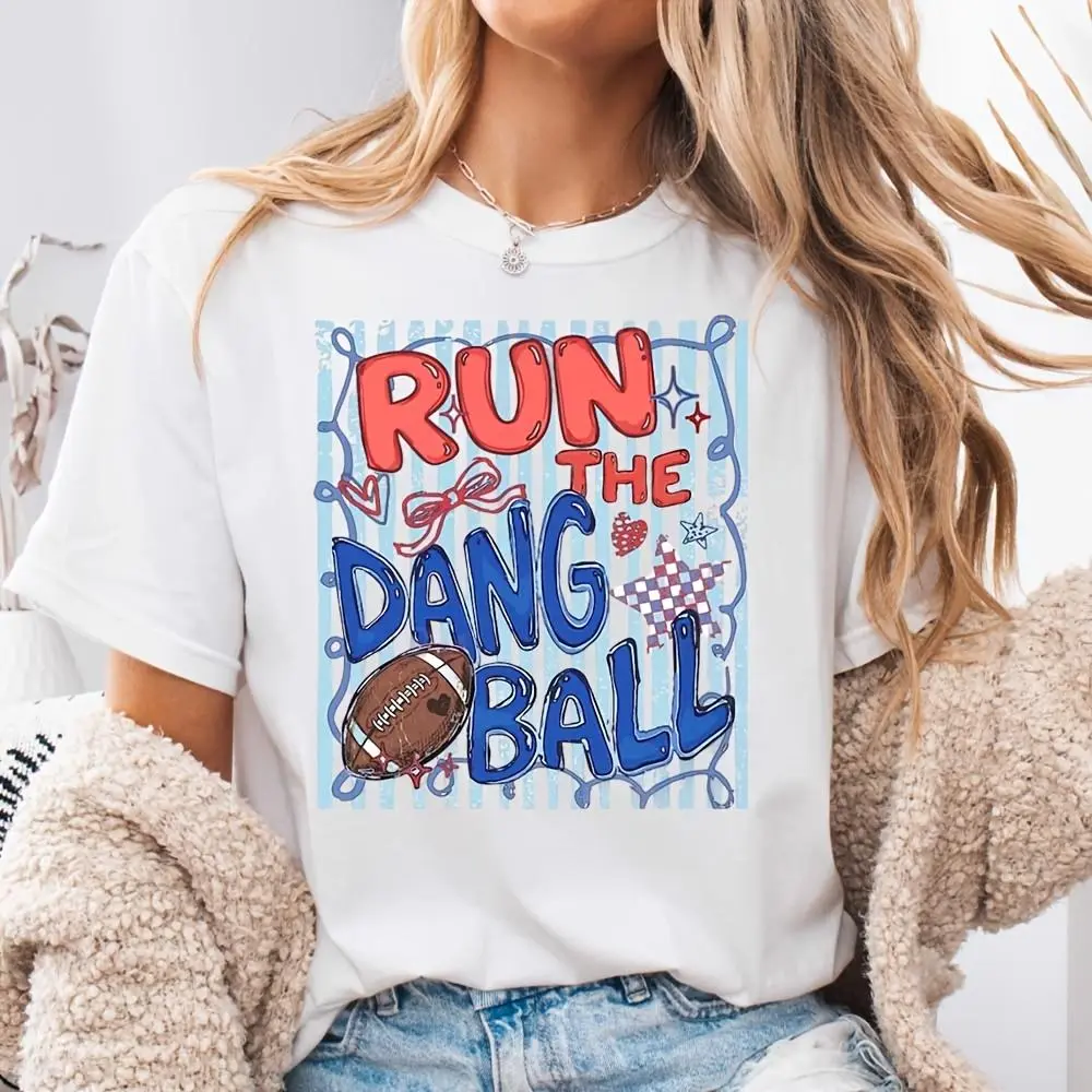 Run The Dang Ball Football Graphic Print, Neck Drop Shoulder T-Shirt, Game Day Cheerleader Spirit Wear, Casual Sports Event Outfit