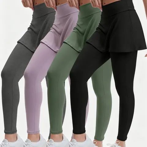 Women's 4-Pack High-Rise Skirted Leggings with Pockets - Female Activewear Fitness Bottoms, Running Outfits, Yoga/Tennis Gym Clothes