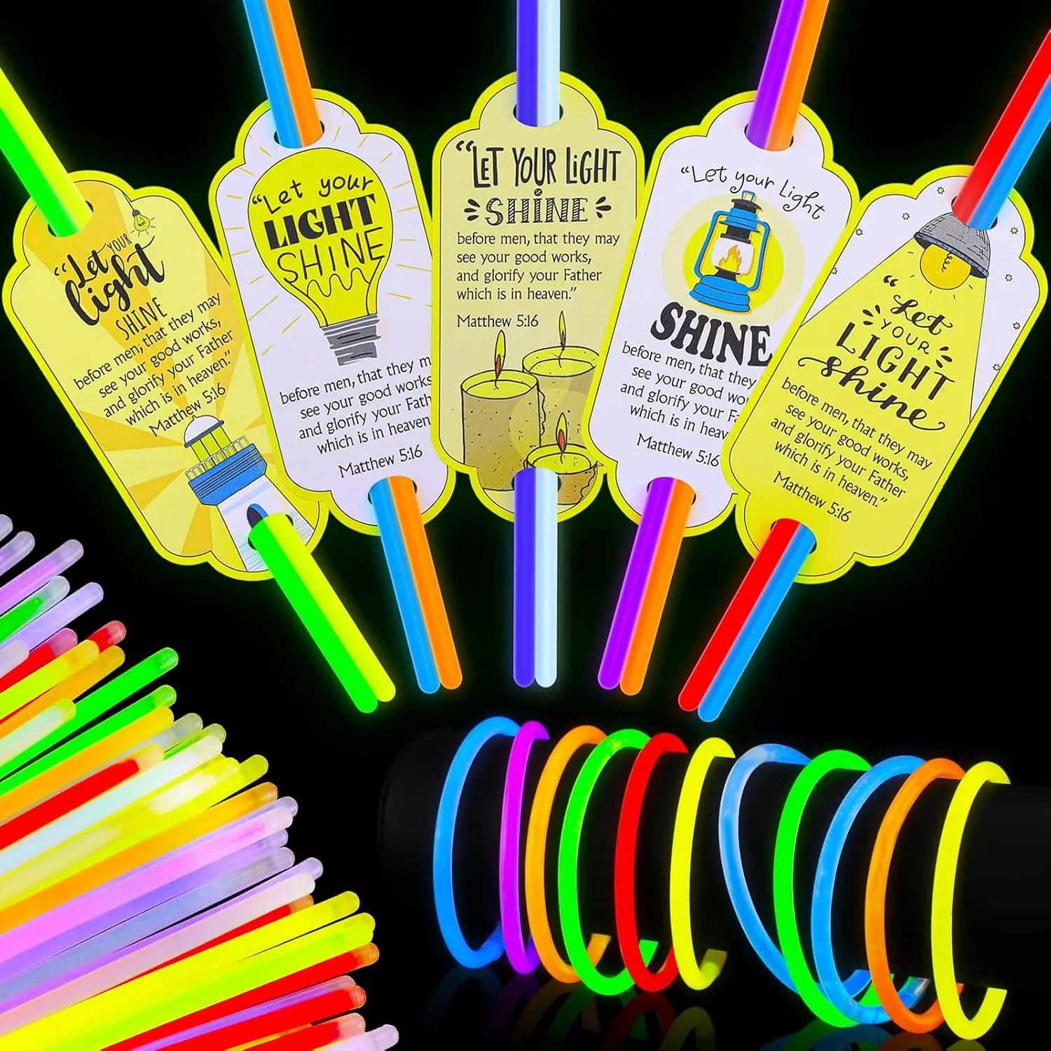 VBS Gifts for Students Bulk 24 Sets Glow Sticks with 50 Pcs Multicolor luminous Sticks and 24 Pcs Get Ready to Shine Lighted Stick Gift Tag for Classroom Vbs Sunday School