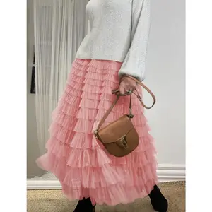 Women's Plain Ruffle Hem Tiered Layer Skirt, Casual Chic Elegant Fitted Knit Aesthetic High Waist Long Skirt for Vacation Holiday Party, Casual Fashionable Skirt for Women, Ladies Bottoms for All Seasons, Clothes, Womenswear