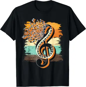 Retro Musician Music Notes Piano Keys Treble Clef Music T-Shirt Graphic tees