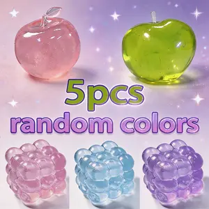 5-piece set - Blind Box Series Glitter Apple Cotton Candy Random Color Crystal Fruit Gummies Toy - Transparent and Shining Apple and Grape Cube Cube Stress Relief Squeezing Ball, Slow Rebound Anti Anxiety Fidget Toy for ASMR and Sensory Games