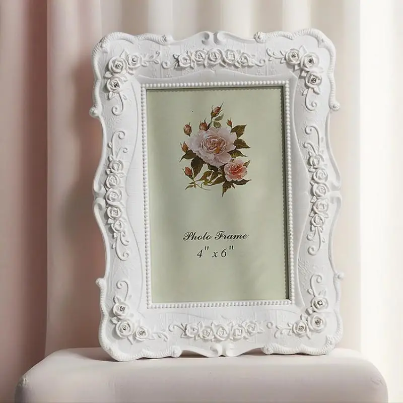 Modern Minimalist Style 6inch 7inch 8inch White Rose Flower Tabletop Photo Frame Vintage Oval Frame Creative Photo Stand Decor Ornament Photo Decorations Picture Frames
