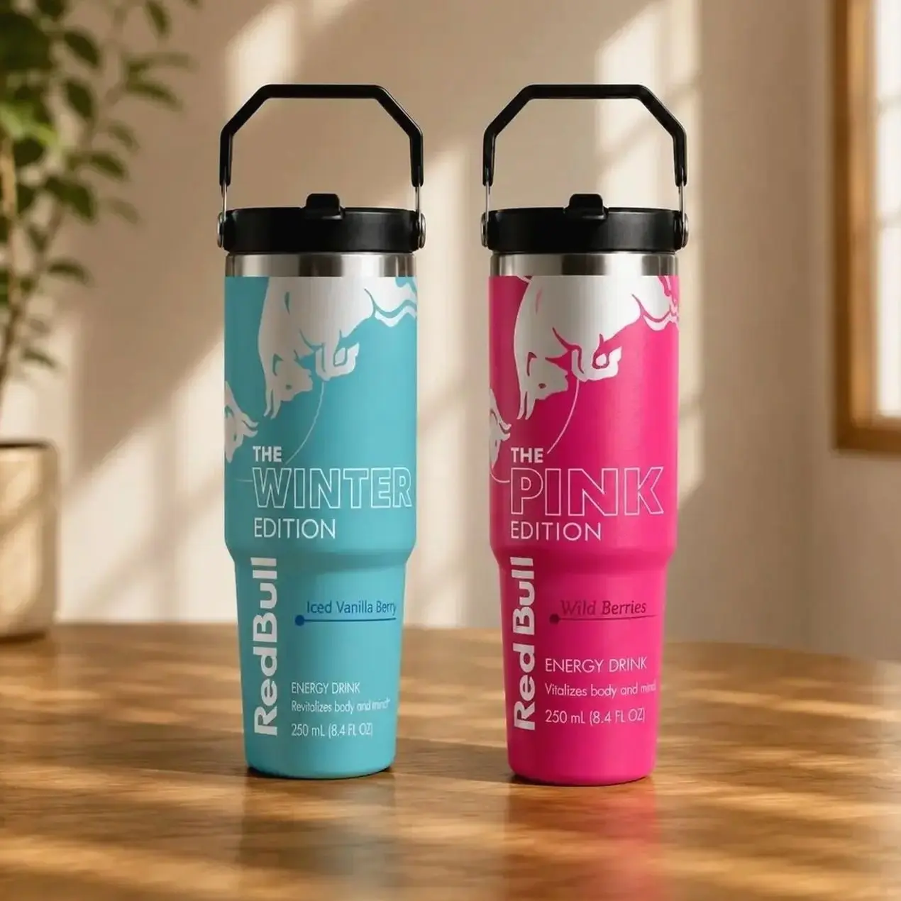 Red Bull Pink, Blue & White Edition 30oz Stainless Steel Tumbler With Handle and Straw | Stainless Steel Travel Cup | Gift for Energy Drink Fans