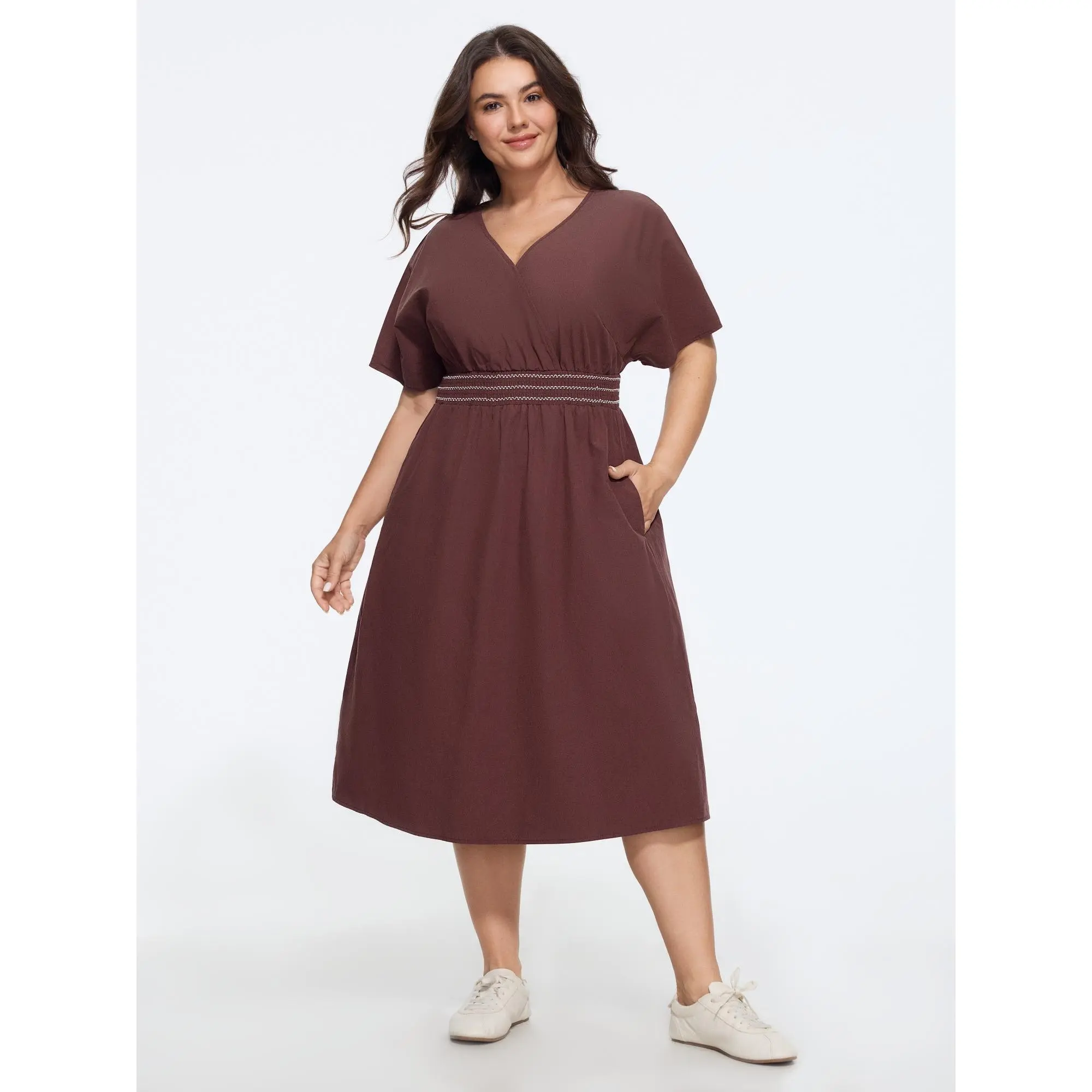 BLOOMCHIC Women's Plus Size Solid V-Neck Dolman Short-Sleeve Shirred Waist Midi Dress [M-6X] - Smooth Garment Casual Fabric Summer Finds, Shortsleeve