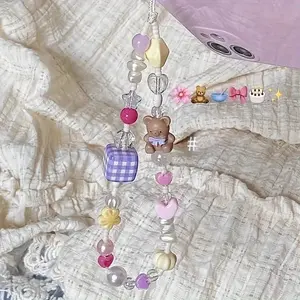 Little Bear Beaded Mobile Phone Chain - Cute Niche Design - Girl Heart Plaid - Mobile Phone Case Bag - Camera CCD Hanging Chain Pendant
