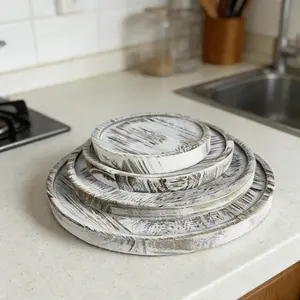 [ManyDFYu]Viral Whitewashed Round Wooden Tray Set!Rustic Farmhouse Serving Tray for Home Decor Coffee Table & Kitchen, Vintage Whitewashed Finish Solid Wood, Elegant Multi-Use Tray for Serving & Display#FarmhouseTray#ViralHomeFinds