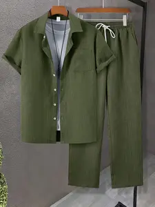 Men's Solid Button Shirt & Drawstring Waist Pants Loungewear, Loose Casual Comfy Short Sleeve Collared Top & Trousers Pj Set, Men's Sleepwear for Summer