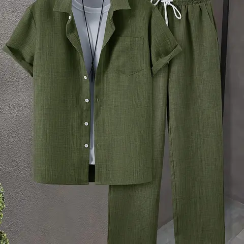 Men's Solid Button Shirt & Drawstring Waist Pants Loungewear, Menswear Loose Casual Comfy Short Sleeve Collared Top & Trousers Pajama Set, Men's Sleepwear for Summer, Matching Pajamas Set