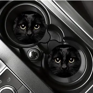 Cute Cat Design for Vehicle & Home Office Desk - 2pcs Black Cat Print Car Cup Holders - Durable Synthetic Rubber - Secure Drink Holders with Stylish Car Interior Accessory - Cat Accessories