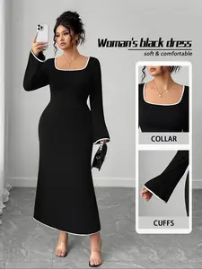 Elegant Slim Plus Size Square Neck Flare Sleeve Formal Dress, Colorblock Design, Stretchy Fabric, Perfect for Evening Parties and Dates