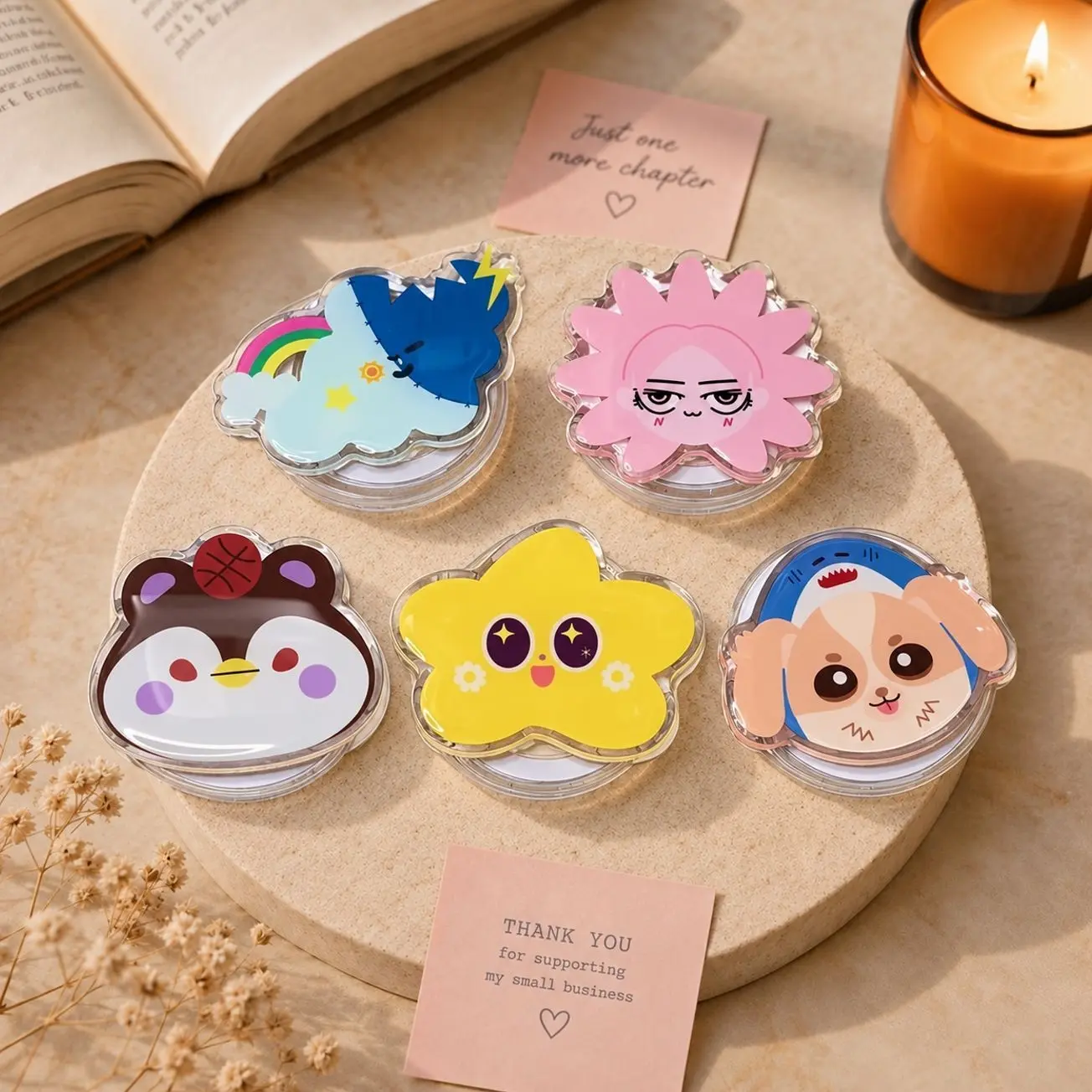 Thai BL Mascot GMMTV Cute Kawaii Character Phone Grip — Colorful Cloud Flower Star Panda Puppy Phone Holder, Fun Aesthetic Accessory