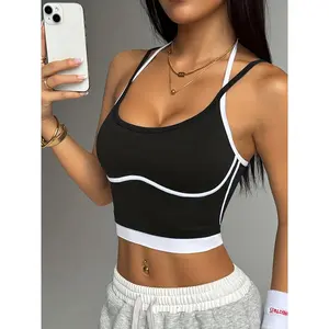Women's High Stretch Nylon Sports Tank Top Full Coverage Sleeveless Gym Top with White Trim & Navy Color Block Seamless Tummy Control Shaping Breathable Workout Top for Yoga Pilates