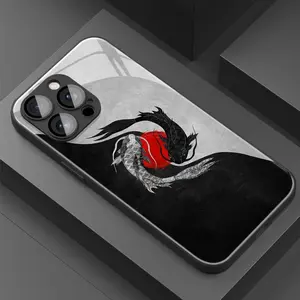 Yin Yang ink koi pattern, skin friendly touch, glass texture, white light glass phone case, suitable for iPhone 17 16 15 14 13 12 11, Samsung and other series models, can be given as a gift to friends or family