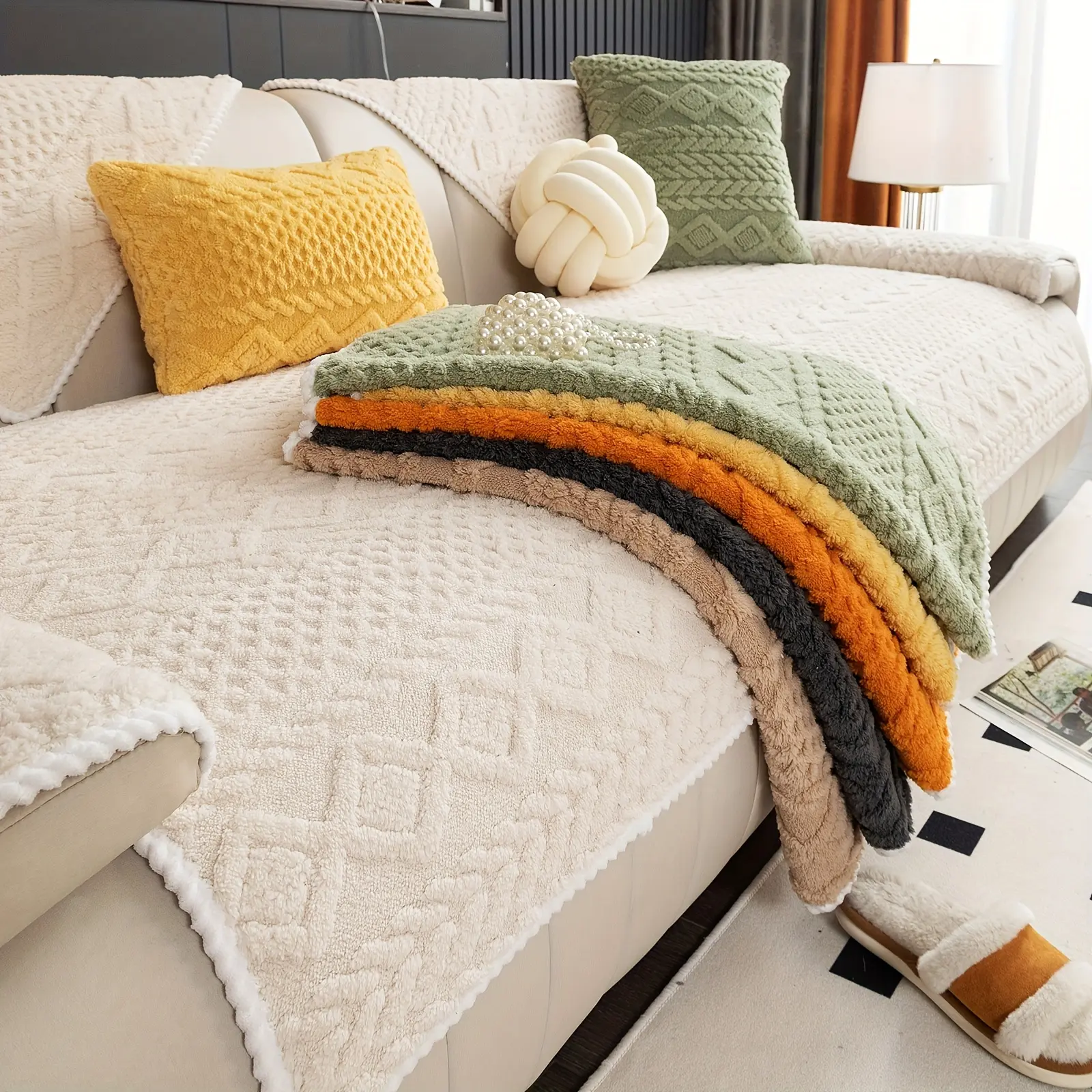 1Pc flower grid, comfortable cotton velvet sofa cushion 2023 new plush sofa cover is simple and fashionable