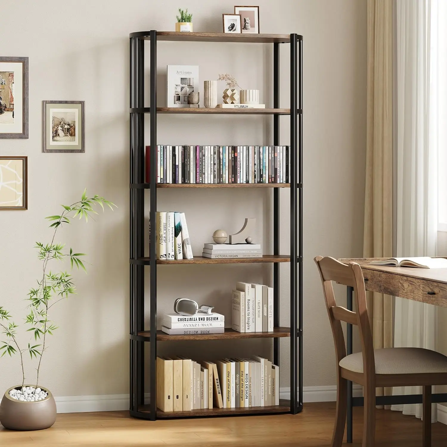 Gaomon 6-Tier MDF Wood Bookshelf - 71in Industrial Tall Sturdy Waterproof Storage System Shelf with Iron Frame & Anti-Tip Base, Easy Large Open Storage for Living Room, Office, Brown & Black Rustic Modern Design