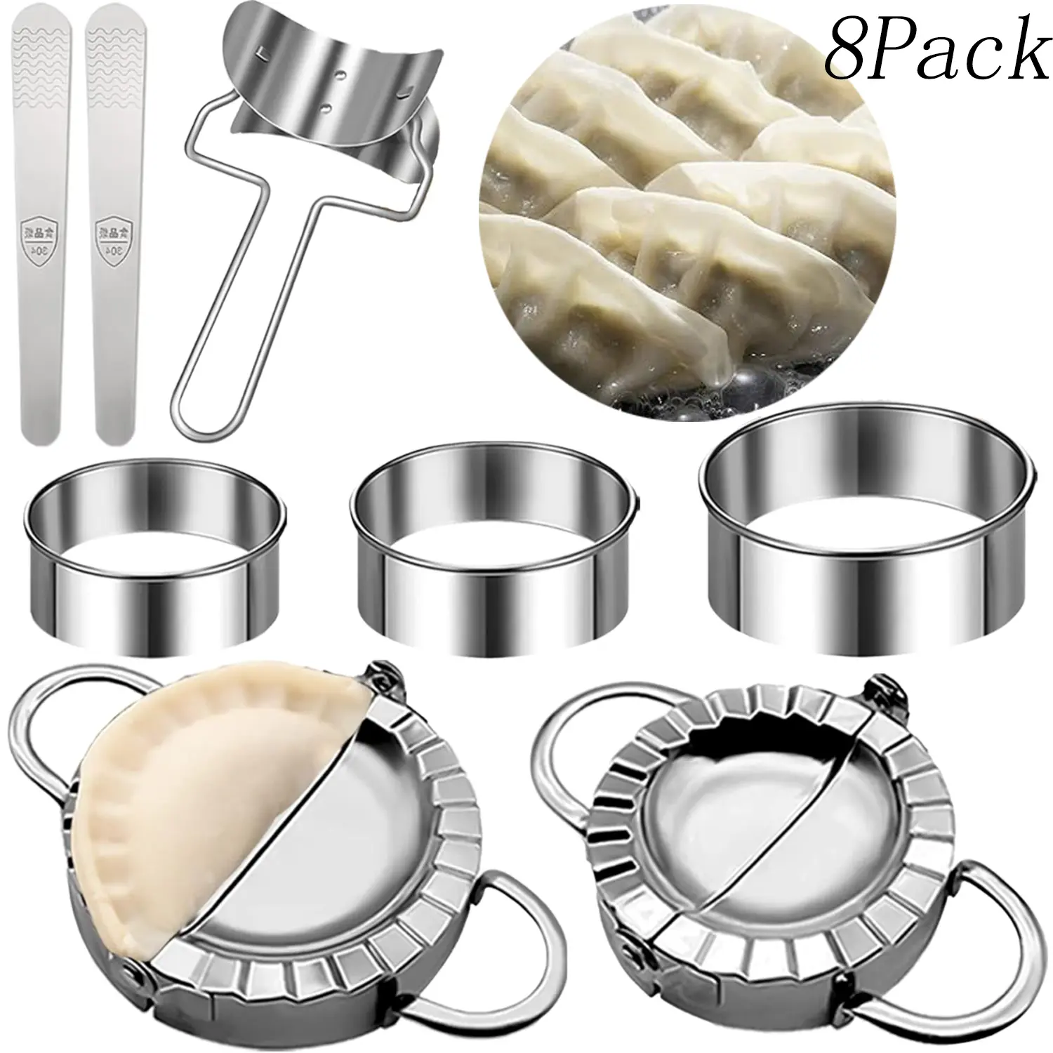 8-Pack Universal Reusable Rustproof Stainless Steel Dumpling Moulds Set - Traditional Family Kitchen Utensils, Wavy Edges, Press, Cutter, Dishwasher-Safe Dough Mat for Dumpling Prep