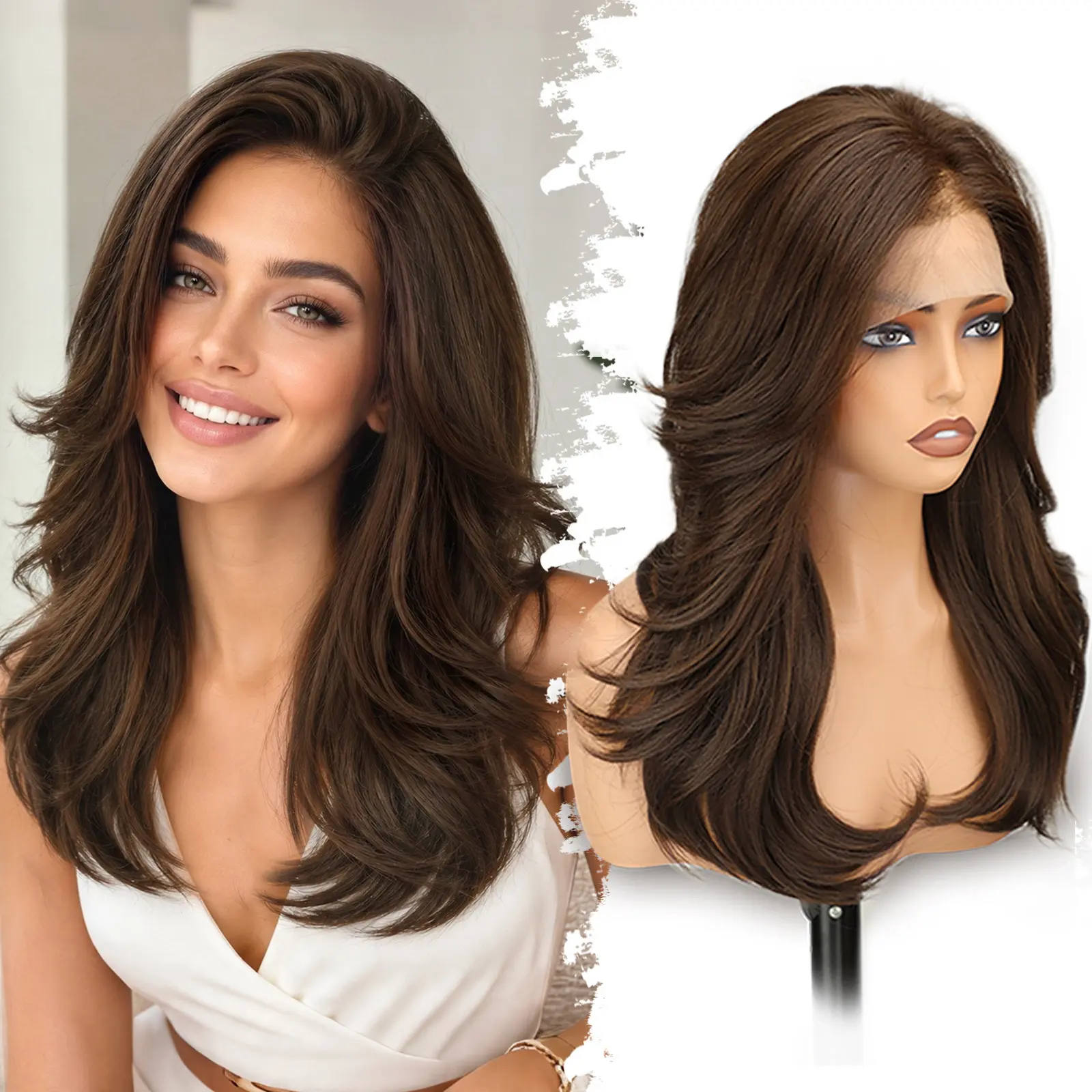 [AISI HAIR] 13x6 Lace Front Wig for Women, Brown Glueless Synthetic Wig Soft layered blowout, free parting, natural-looking hairline, 20-inch styled length, beginner-friendly adjustable cap.