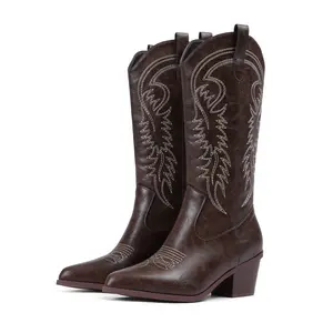 EROCALL Women's Western Knee High Cowboy Boots Embroidered Wide Calf Cowgirl Boots with Chunky Block Heel for Fall Winter