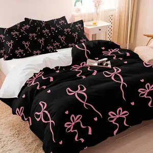 Girly Printed Duvet Cover Set, Decorative Duvet Cover,1 Count Duvet Cover & 1/2 Pillowcase without Filler,ribbon Bow Pattern, Comfortable And Soft,perfect Bedroom Bedding,Warm And Pill-resistant,Multiple Styles Available